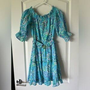 Lilly Pulitzer Louisa off the shoulder dress in Bermuda Blue Turtle Season